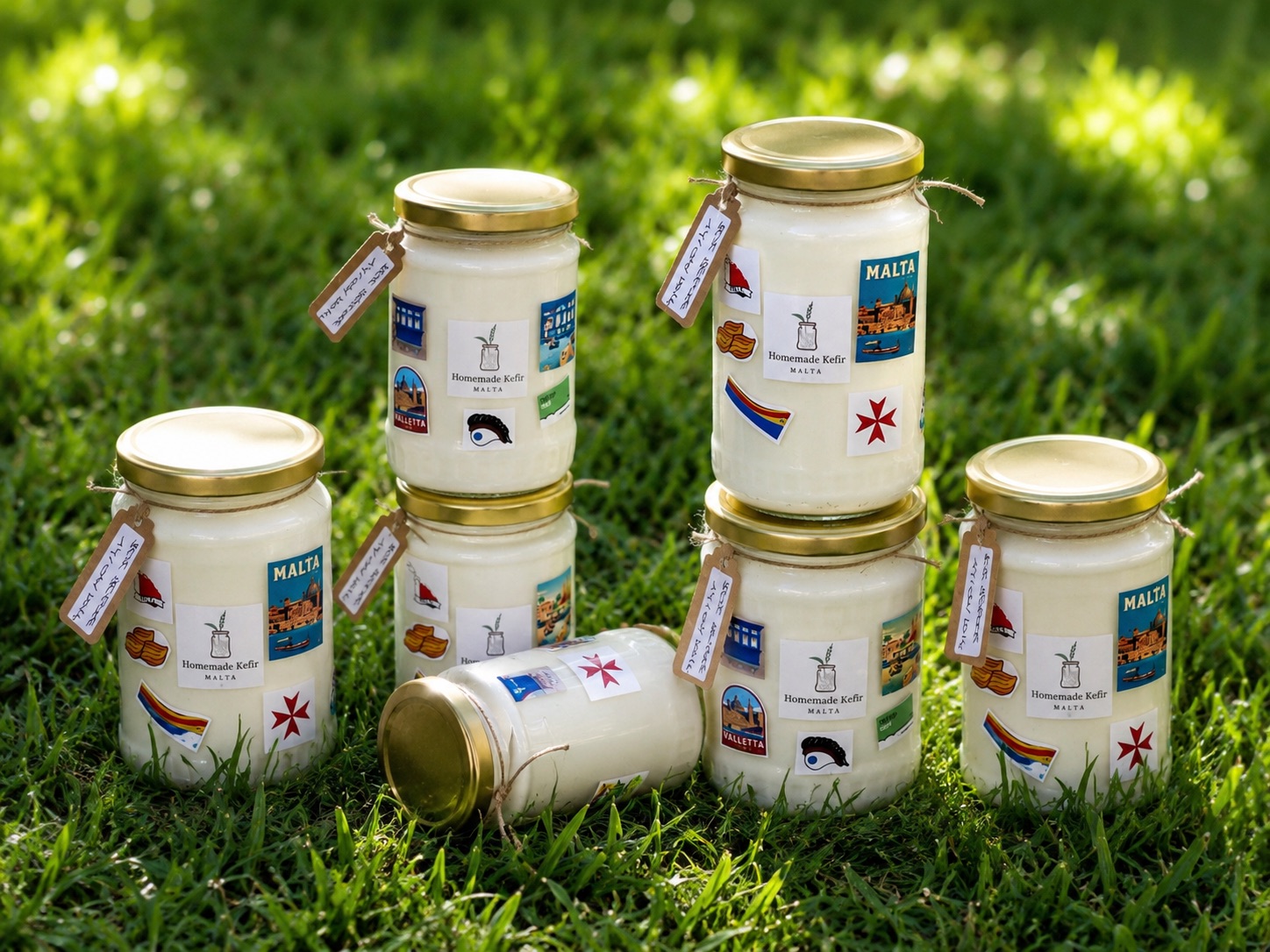 Jars of Homemade Kefir Malta with Maltese stickers on the grass