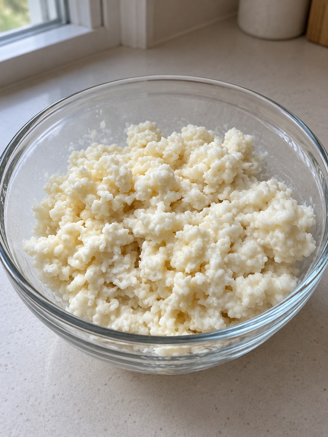 Fresh kefir grains in a glass bowl